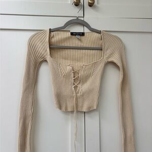 Urban Outfitters Beige Ribbed Lace-Up Crop Top